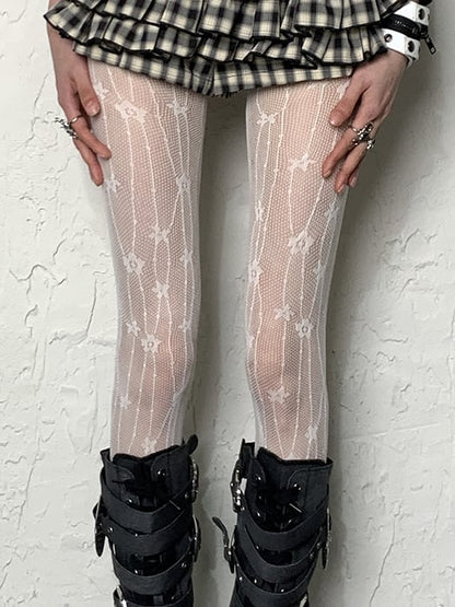 White/Black Y2K Floral Pattern Fishnet Tights