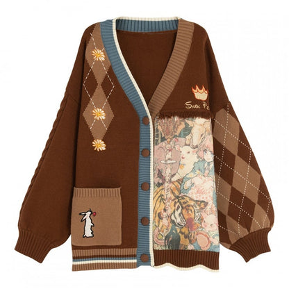 Daisies and Bunny Embroidery Brown Cardigan