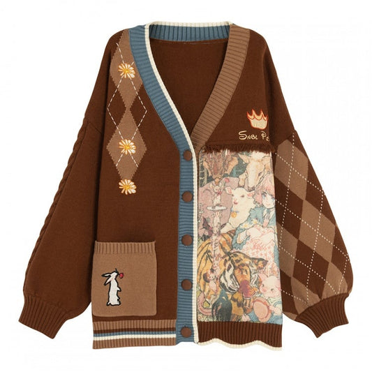Daisies and Bunny Embroidery Brown Cardigan