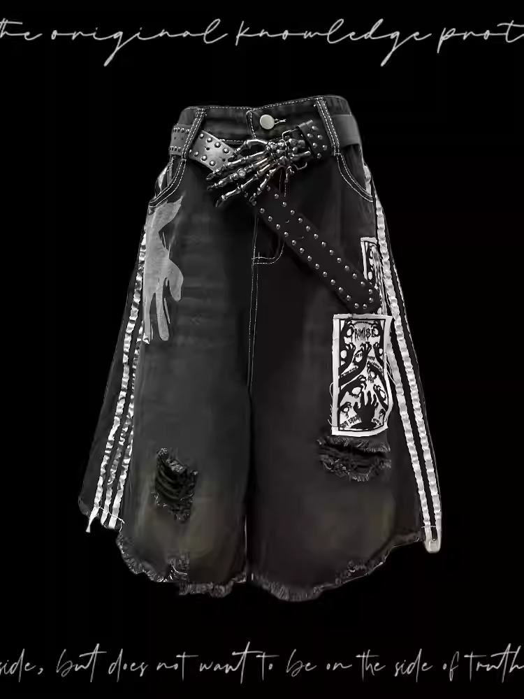 Black & White Stripes Distressed Holes Raw Hem Appliques Embellished Denim Shorts