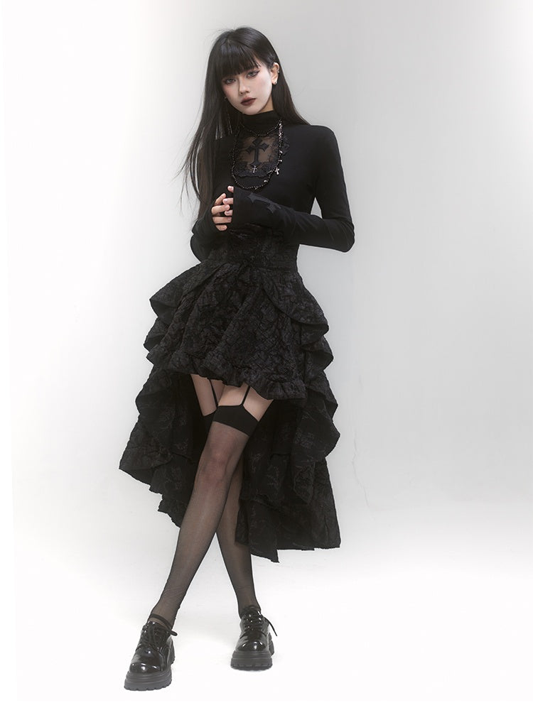 Gothic Black High Waist High-low Ruffle Skirt with Lace-up Detail at Front
