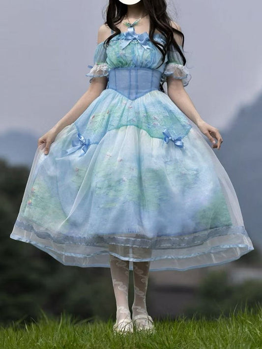 Oil Painting Water Lily Print Basque Waist Sky Blue Dress with Organza Overlay