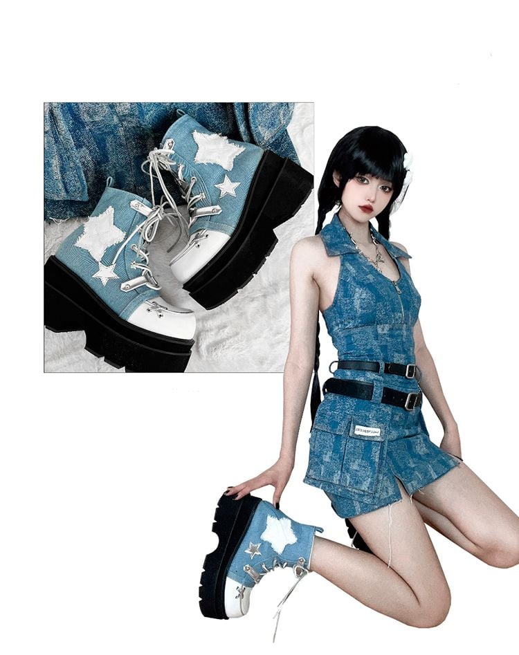 Star Appliques Punk Blue Denim Platform Ankle Boots