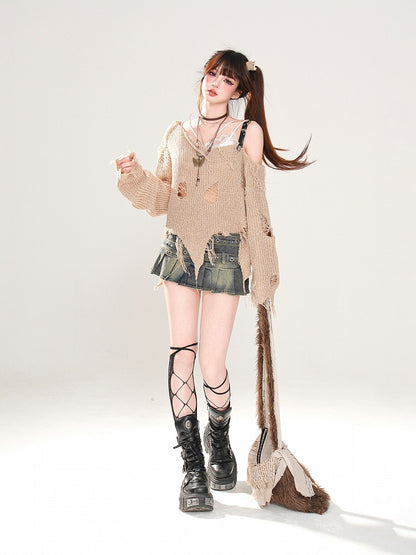 Khaki Asymmetrical Neckline and Hem Distressed Holes Wasteland Punk Knitted Top