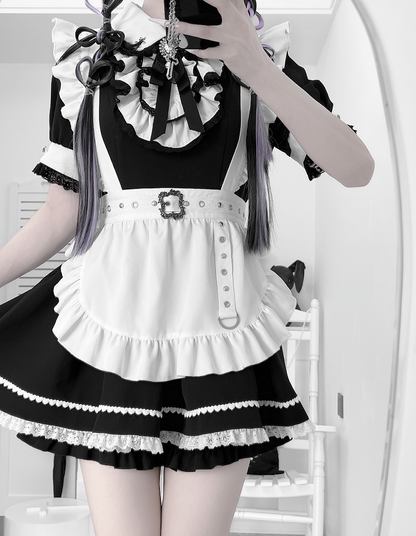 Peter Pan Collar Top with Shorts Black and White Maid Jirai Kei Set