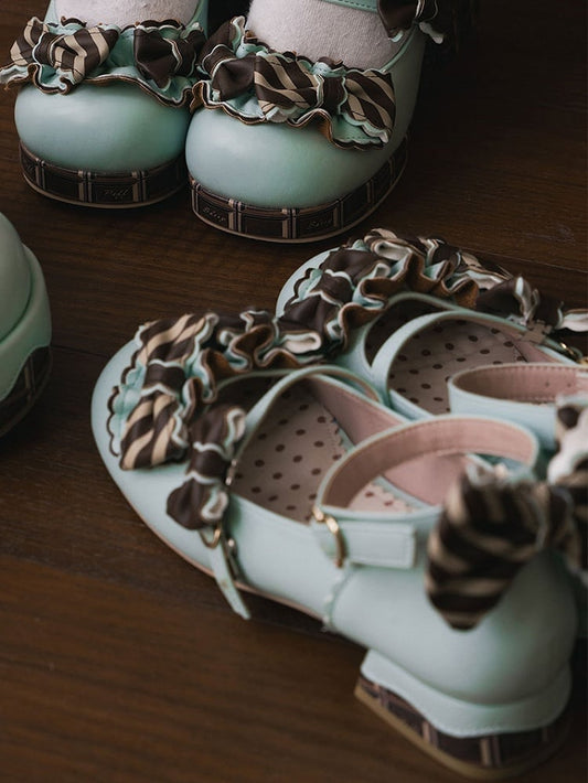 Green&Brown Striped Pattern Bowknot Details Heart Buckle Lolita Shoes