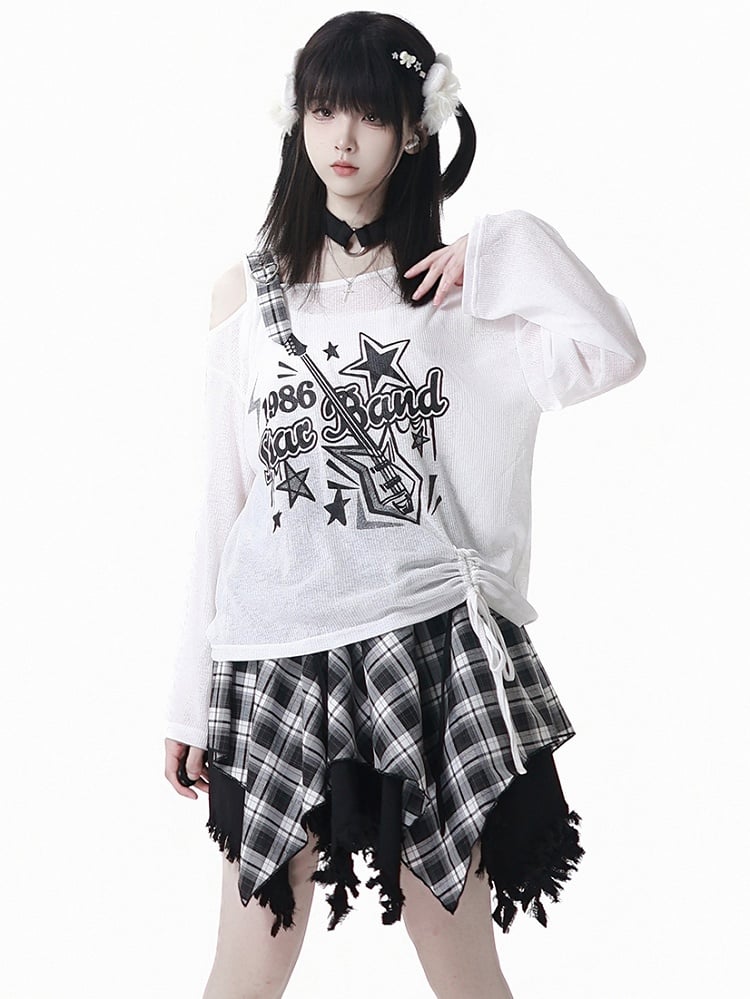 Blue/Black Guitar Print Asymmetrical Neckline Coverup with Free Choker