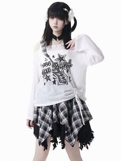 Blue/Black Guitar Print Asymmetrical Neckline Coverup with Free Choker