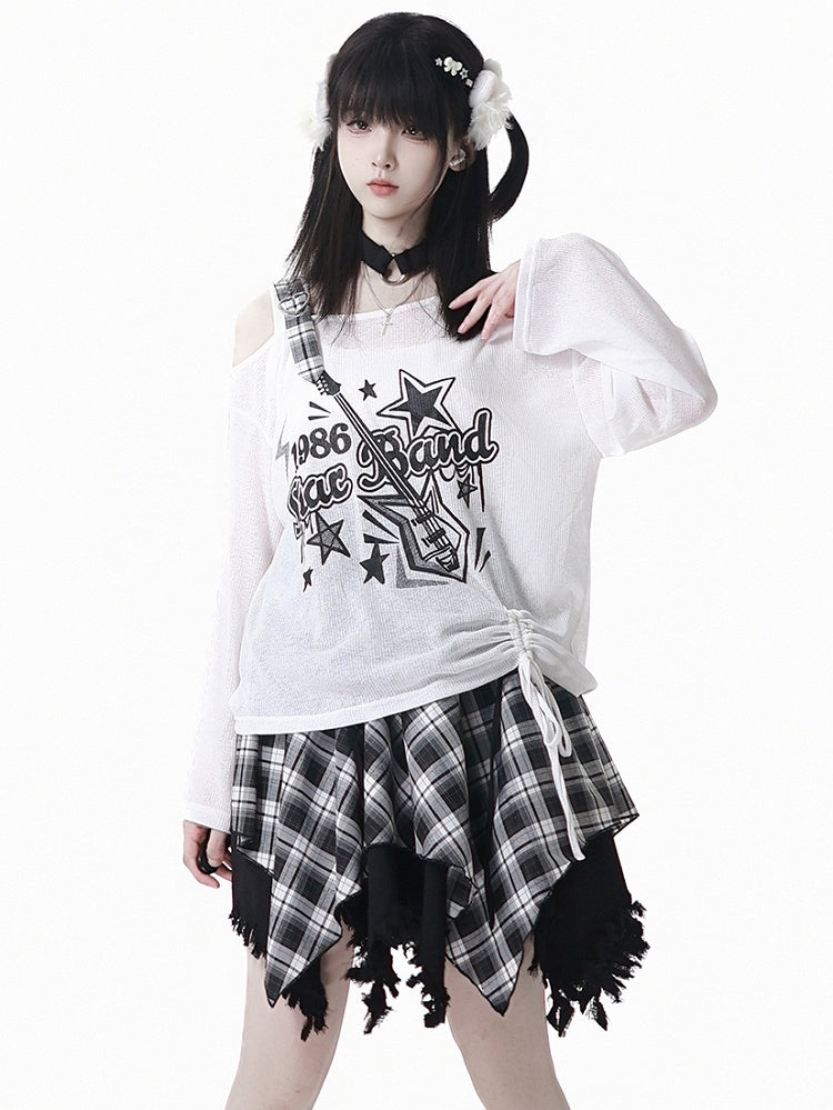 Frayed Handkerchief Hem Blue & White /Black & White Plaid Skirt