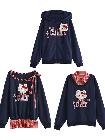 Red Plaid Self-tie Straps at Asymmetrical Neckline Kitty Embroidery Applique Navy Blue Sweatshirt