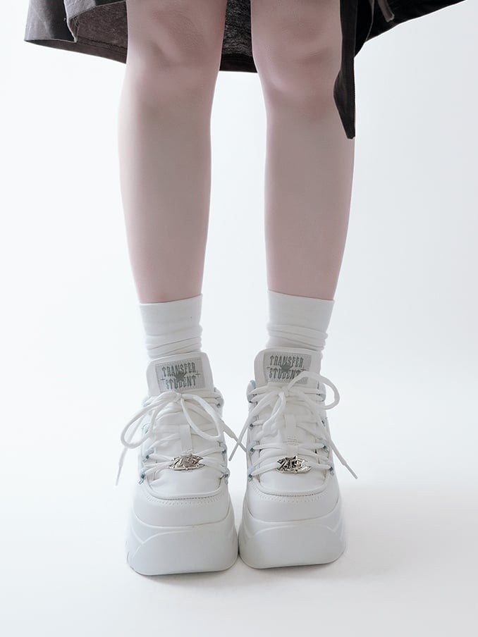 PU Leather with Classic Lacing System Matte White Platform Sneakers in Jirai Kei