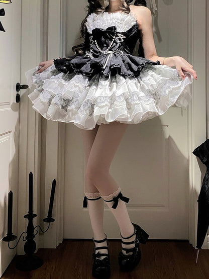 Black and White Balletcore Princess Lolita Halter Neck Dress