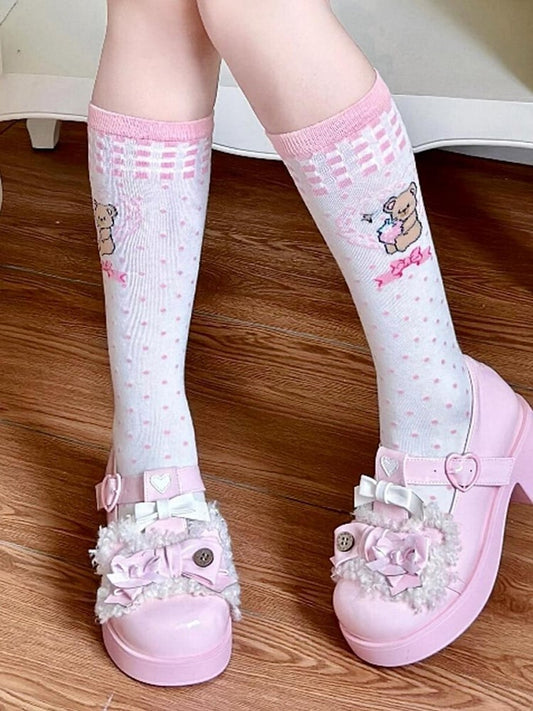 Pink Bear Hug Strawberry Print Bowknot Polka-dot Pattern Lolita Calf Socks