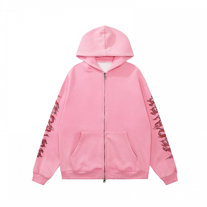 Pink Letter Print Sleeves Zip-up Hoodie for Autumn