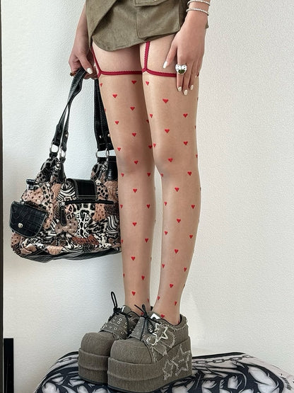 Nude/Black Heart Pattern Suspender Stockings
