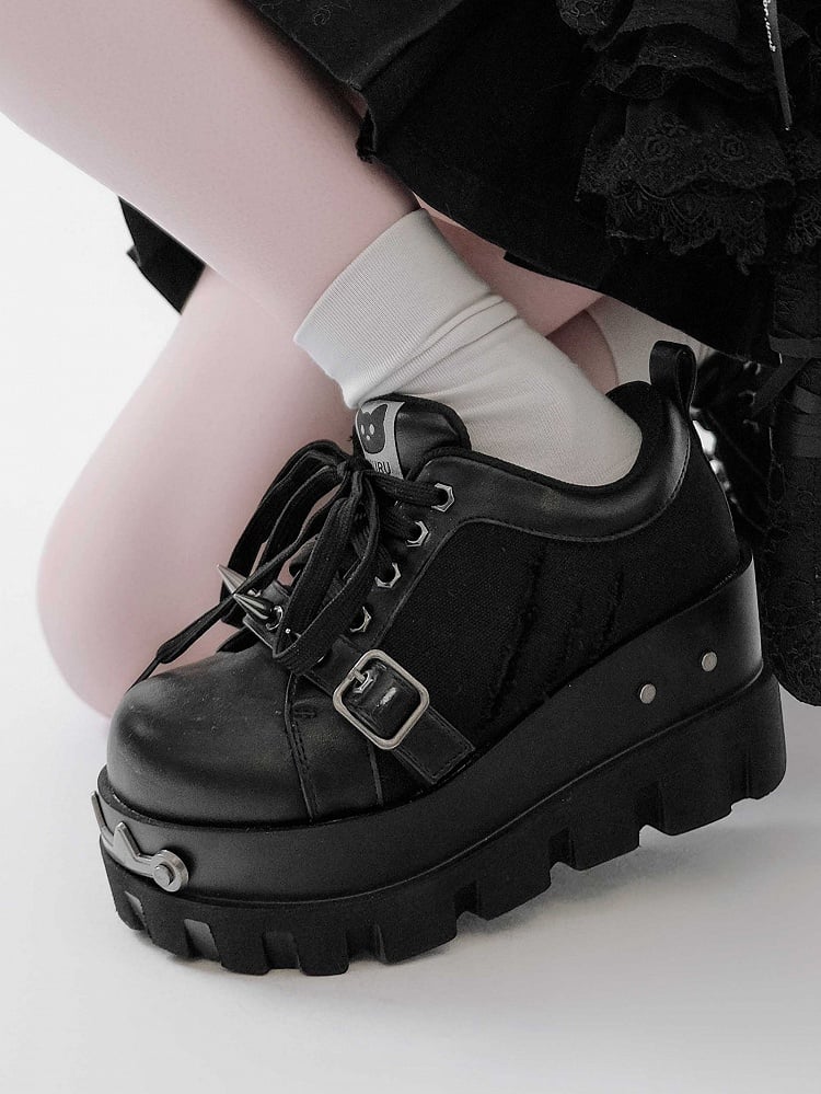 Black Punk Studs Details Buckle Strap Front Lace-up Ties Platforms