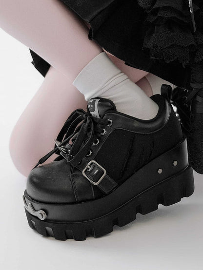 Black Punk Studs Details Buckle Strap Front Lace-up Ties Platforms