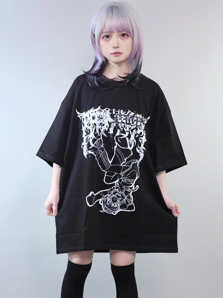 Black Jirai Kei Cartoon Girl Print Round Neck T-shirt