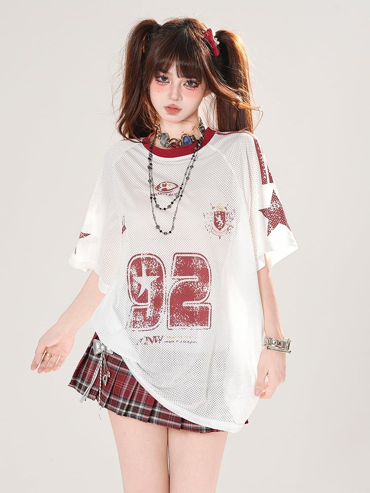 White Round Neck Number Print Hollow-out T-shirt