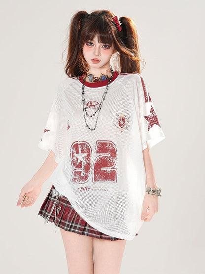 White Round Neck Number Print Hollow-out T-shirt