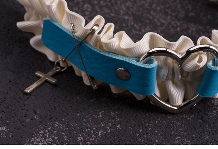 Heart Design Blue and White Cross Charm Ruffled KC with Pins