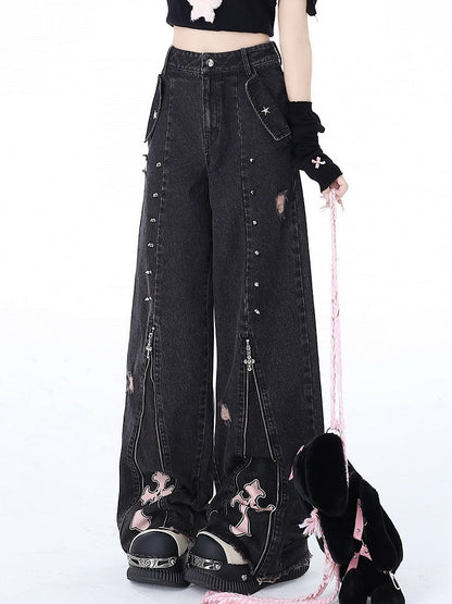 Studs Detail Black Punk Zips Design High Waist Jeans