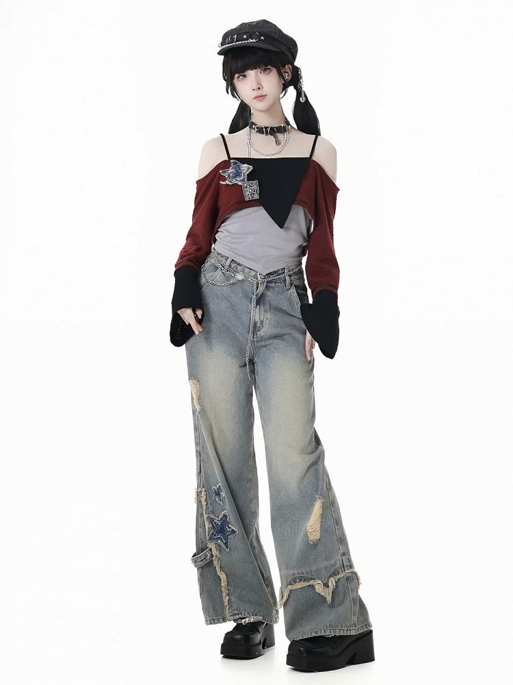 Blue Star Appliques Raw Hem Distressed Wide-leg Jeans with Waist Chain