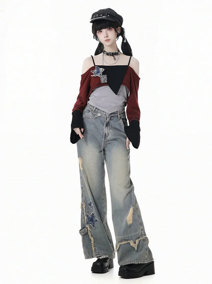 Blue Star Appliques Raw Hem Distressed Wide-leg Jeans with Waist Chain