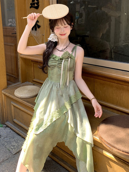 Green Handkerchief Hem Mori Kei Cami Dress with Self-tie Shoulder Straps