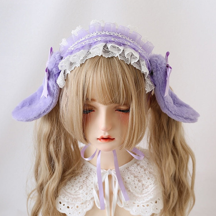 8 Colors Cute Lolita Lace Hairband With Detachable Bowknot And Plush Bunny Ears
