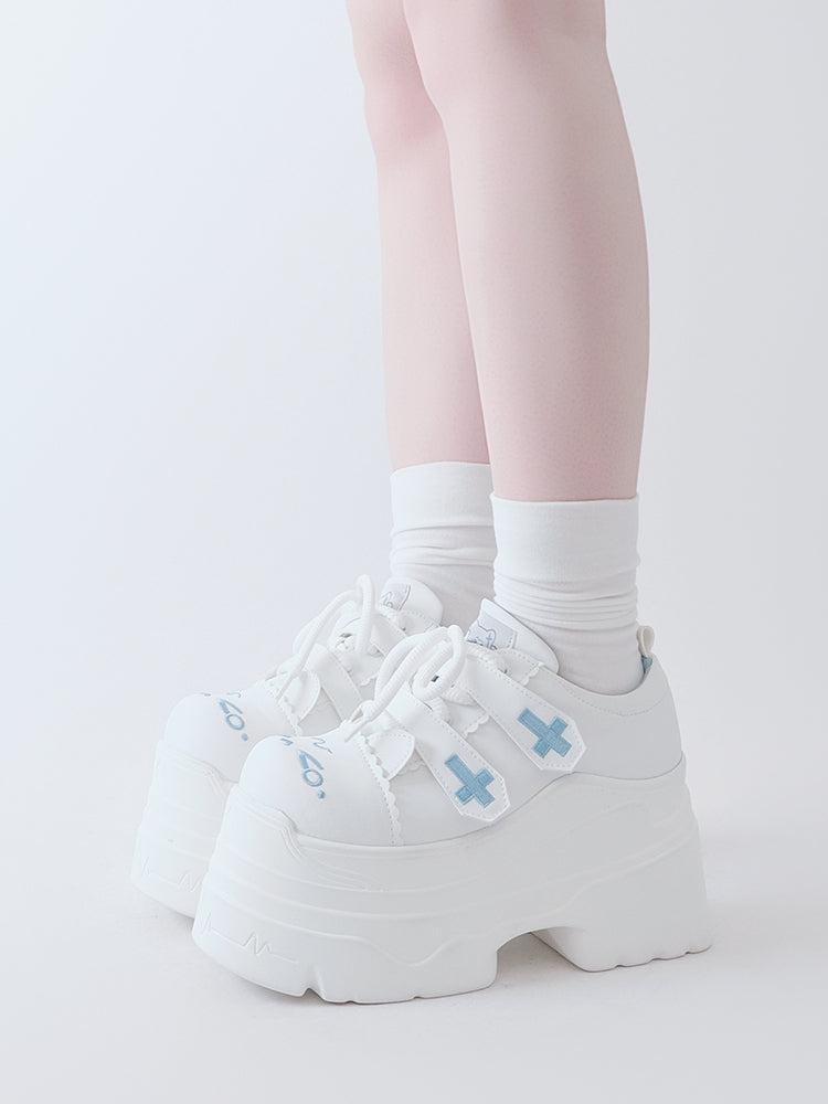 Yami Kawaii Matte White Cross Velcro Strap Kitty Ears Design Platform Shoes