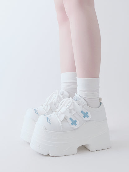 Yami Kawaii Matte White Cross Velcro Strap Kitty Ears Design Platform Shoes
