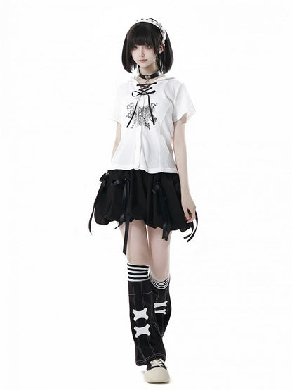 Lace-up Neckline Front Button Placket Cute Frog Print White Hooded Waffle T-shirt