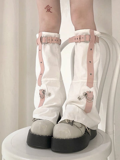 White Punk Buckles Decorated Pin Details Leg Warmers