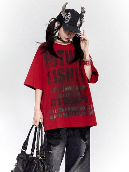 Vintage Letter Print Red Round Neck Distressed Design Oversized T-shirt