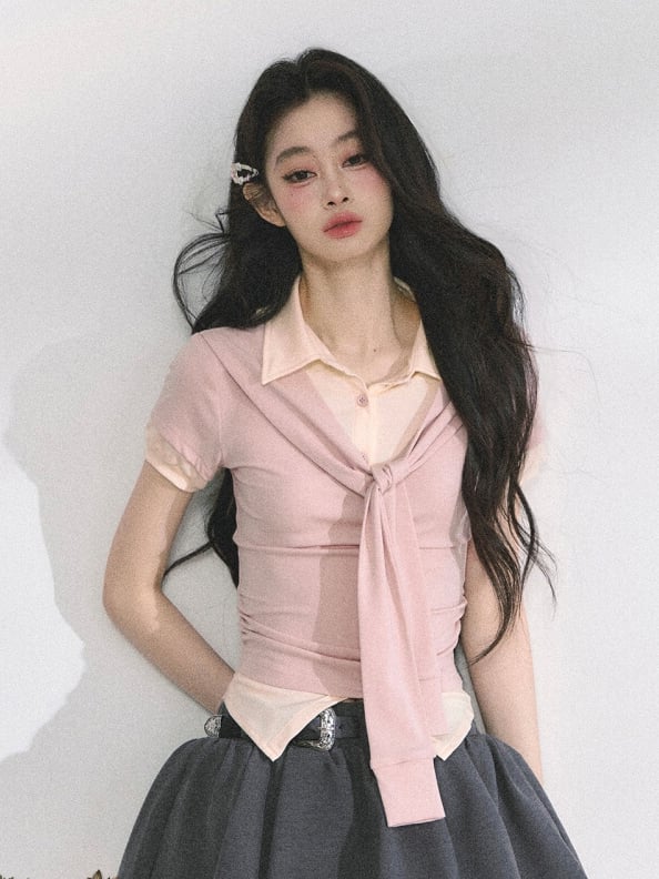 Preppy Style Polo Collar Gray & Blue / Apricot & Pink T-shirt Faux Two-pieces