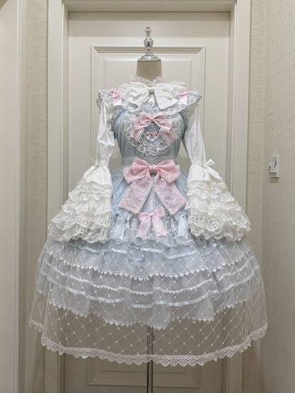 Blue Flower Applique Heart Bodice Overlay Hem Princess Lolita Jumper Skirt