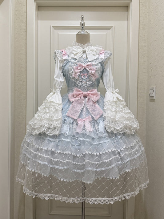 Blue Flower Applique Heart Bodice Overlay Hem Princess Lolita Jumper Skirt