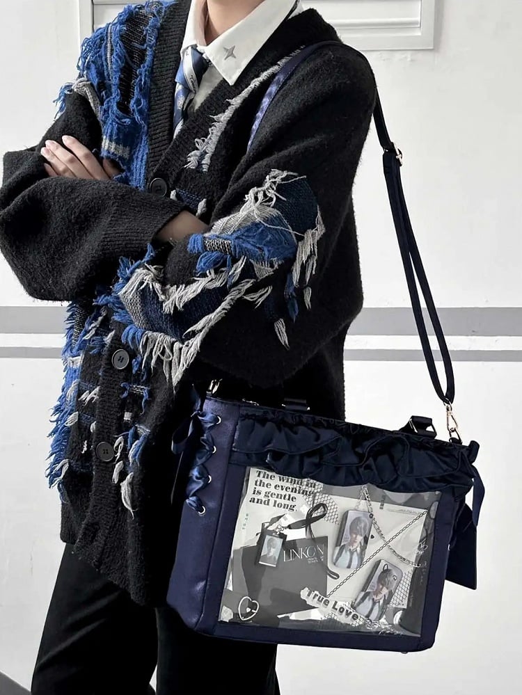 Dark Blue Satin Ruffle Trims Self-tie Straps Ita Bag With Bow Card Holder