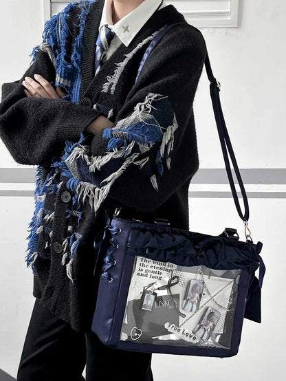 Dark Blue Satin Ruffle Trims Self-tie Straps Ita Bag With Bow Card Holder