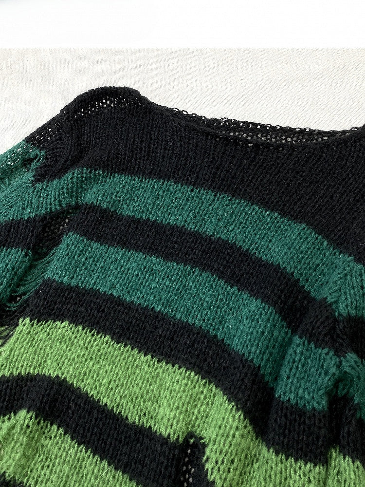 Green Y2K Striped Pattern Cut-out Details Asymmetrical Neckline Sweater