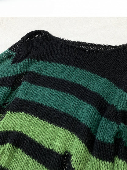 Green Y2K Striped Pattern Cut-out Details Asymmetrical Neckline Sweater