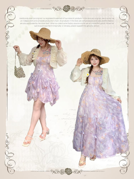 Plus Size Purple Bowknots Details Chiffon Floral Cami Dress Three Ways Wear