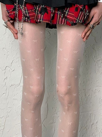 White Bowknot Print Y2K Tights