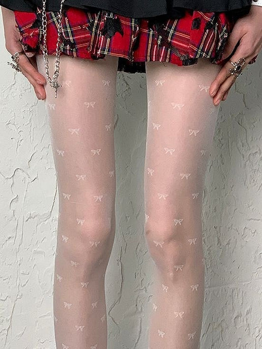White Bowknot Print Y2K Tights