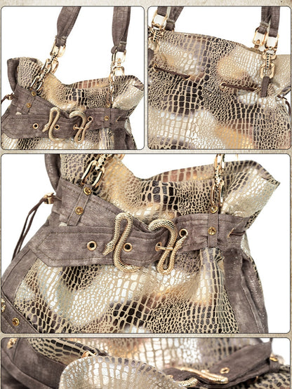 Brown Wasteland Punk Snakeskin Pattern Shoulder Bag