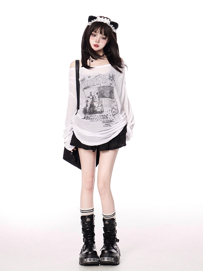 Off-the-shoulder Neckline White/Gray Semi-sheer Graphic Coverup