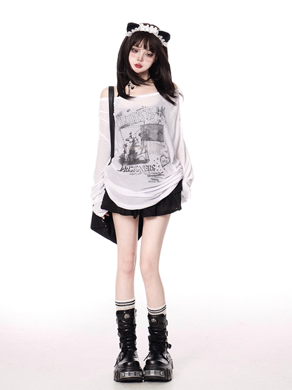 Off-the-shoulder Neckline White/Gray Semi-sheer Graphic Coverup