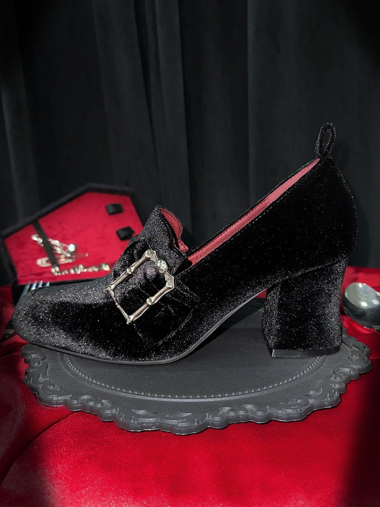 Gothic Velvet Black Square Toe High Block Heel Shoes