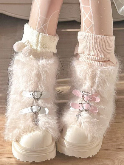 Black/Coffee/Pink/White Heart-shaped Buckle Bow Shaggy Boots